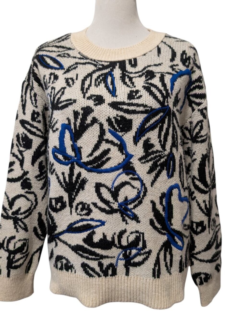 Anthropologie Size M Floral Pop Cream Black Blue Embroidered Chunky Knit Sweater